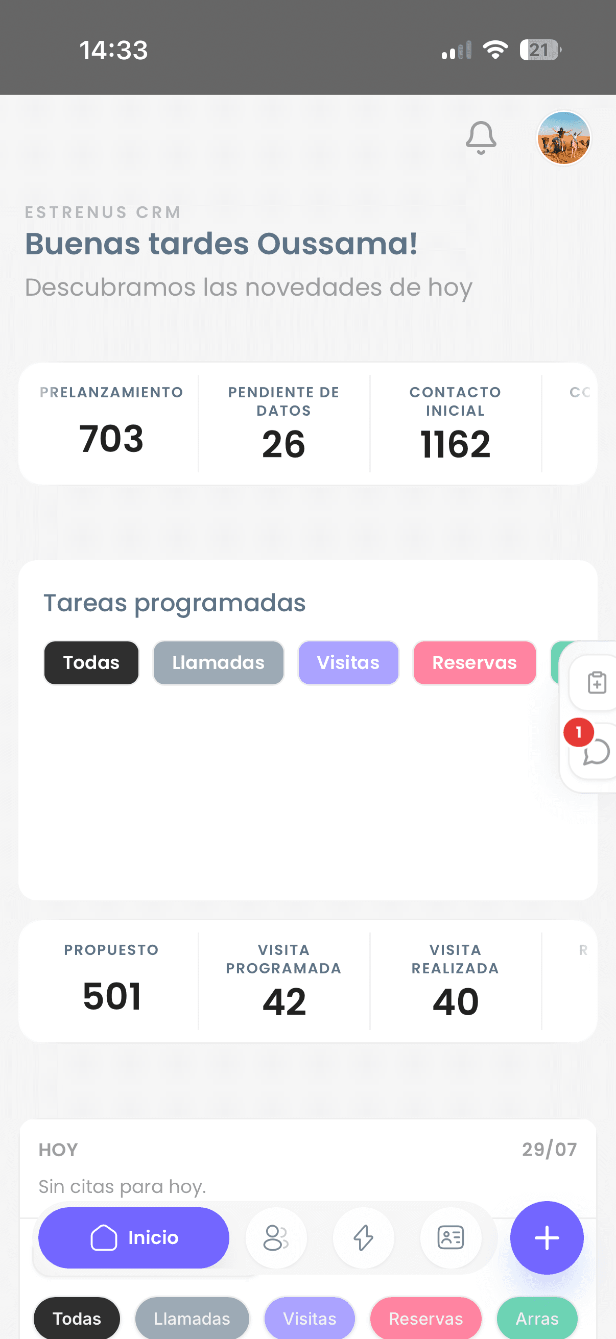 Dashboard móvil de Estrenus CRM