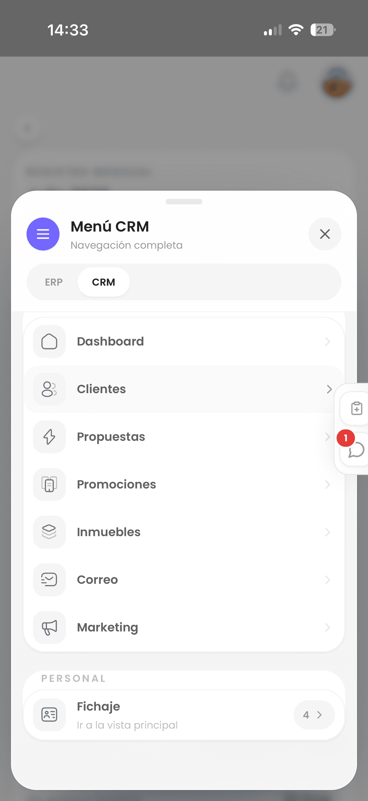 Menú móvil de Estrenus CRM