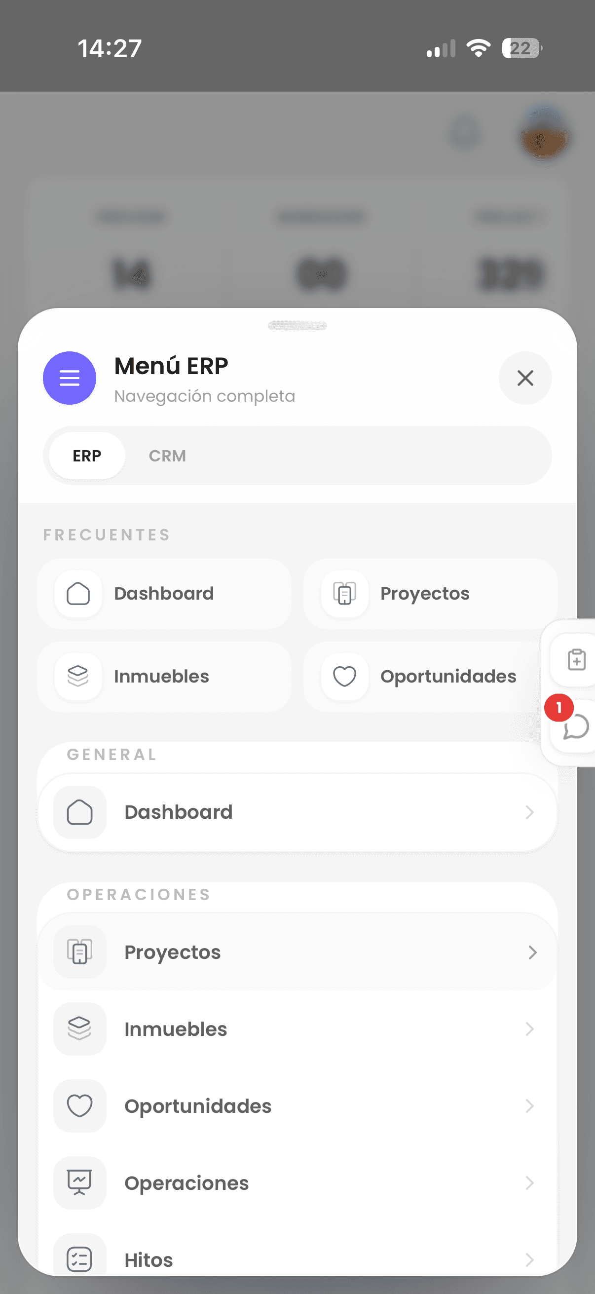 Menú de navegación de la PWA de Estrenus ERP